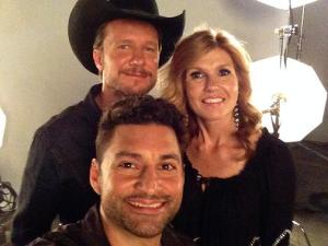 J.J. Phillips with Will Chase (l) and Connie Britton on the set of 